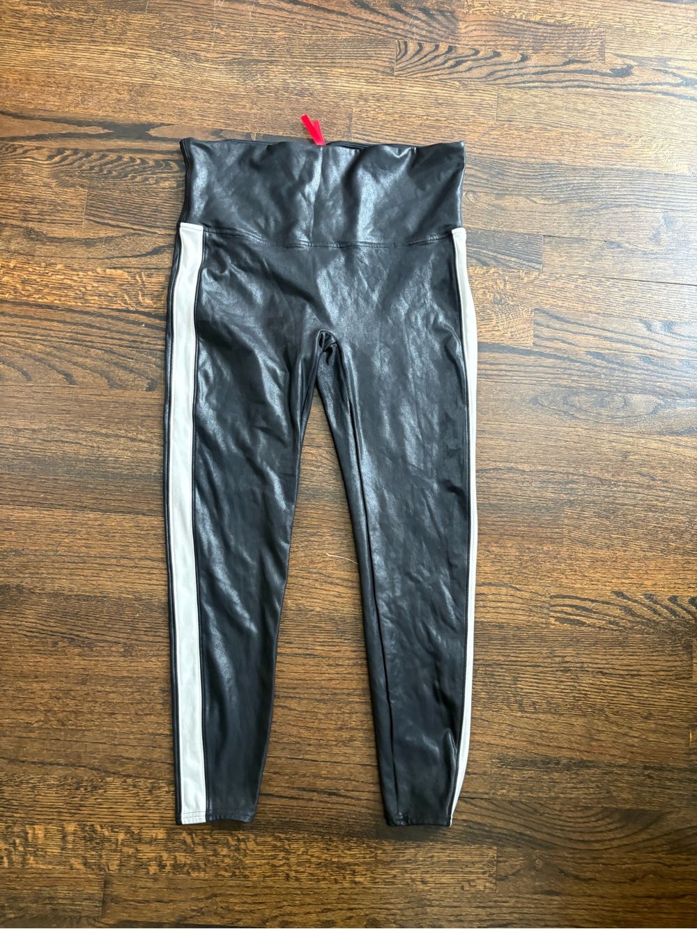 Spanx Black Faux Leather Leggings with White Side Stripes 2x